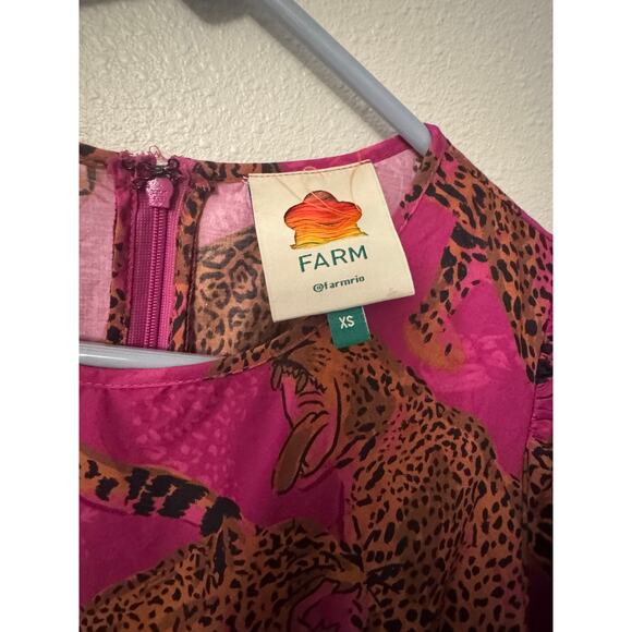 Farm Rio Artsy Leopard tiered mini dress magenta and orange women's XS - Picture 2 of 3